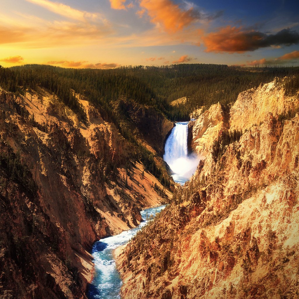 Обои река, скалы, закат, водопад, йеллоустоун, river, rocks, sunset, waterfall, yellowstone разрешение 2560x1600 Загрузить