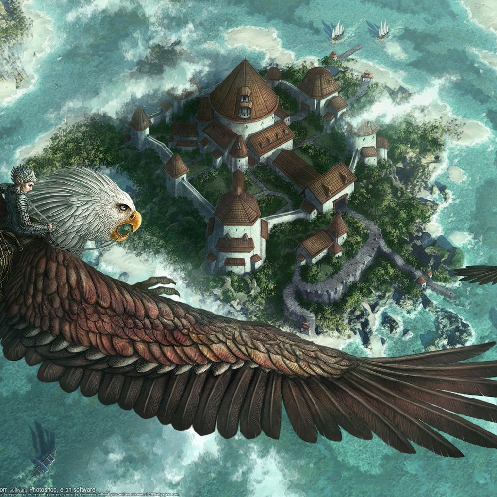 Обои фентези, полет, город, всадник, kerem beyit, грифон, fantasy, flight, the city, rider, griffin разрешение 1920x1200 Загрузить