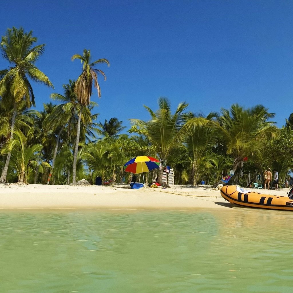 Обои лодка, пальмы, тропики, отпуск, boat, palm trees, tropics, vacation разрешение 3200x1200 Загрузить
