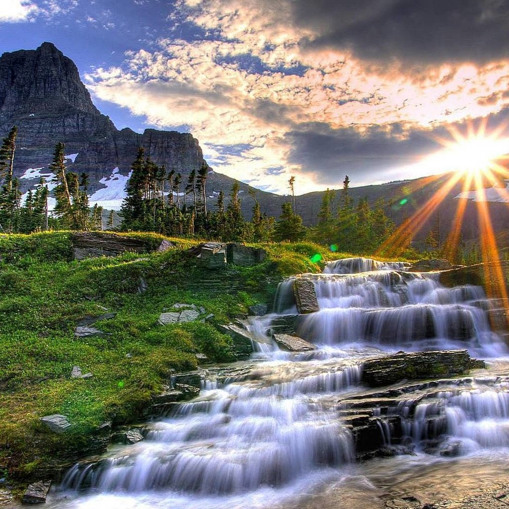 Обои вода, солнце, природа, гора, водопад, water, the sun, nature, mountain, waterfall разрешение 1920x1080 Загрузить