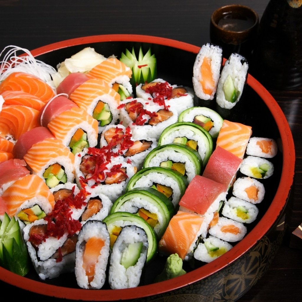 Обои рыба, рис, суши, роллы, морепродукты, японская кухня, fish, figure, sushi, rolls, seafood, japanese cuisine разрешение 1920x1200 Загрузить