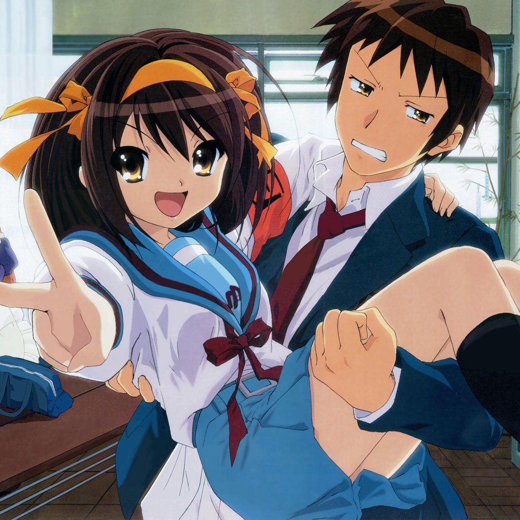 Обои asahina mikuru, kyon, nagato yuki, suzumiya haruhi, suzumiya haruhi no yuutsu разрешение 2593x1600 Загрузить