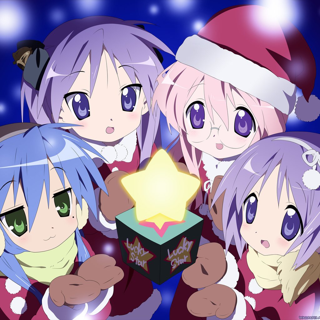 Обои lucky star, izumi konata, hiiragi tsukasa, hiiragi kagami, takara miyuki, елочная, christmas разрешение 1920x1200 Загрузить