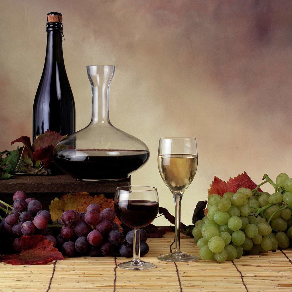 Обои виноград, вино, бокалы, бутылки, натюрморт, grapes, wine, glasses, bottle, still life разрешение 1920x1200 Загрузить