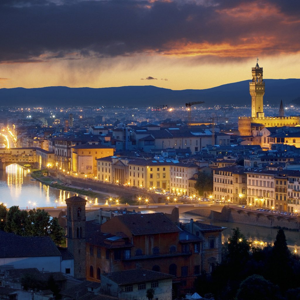 Обои ночь, огни, италия, флоренция, мосты, палаццо веккьо, night, lights, italy, florence, bridges, palazzo vecchio разрешение 1920x1080 Загрузить