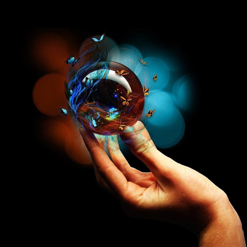 Обои рука, черный фон, бабочки, пальцы, стеклянный шар, hand, black background, butterfly, fingers, glass globe разрешение 1920x1200 Загрузить