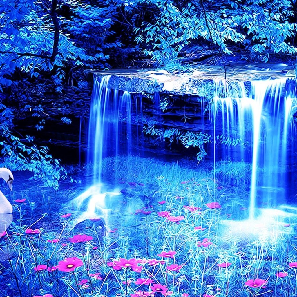 Обои цветы, водопад, лебедь, 3д, flowers, waterfall, swan, 3d разрешение 1920x1200 Загрузить