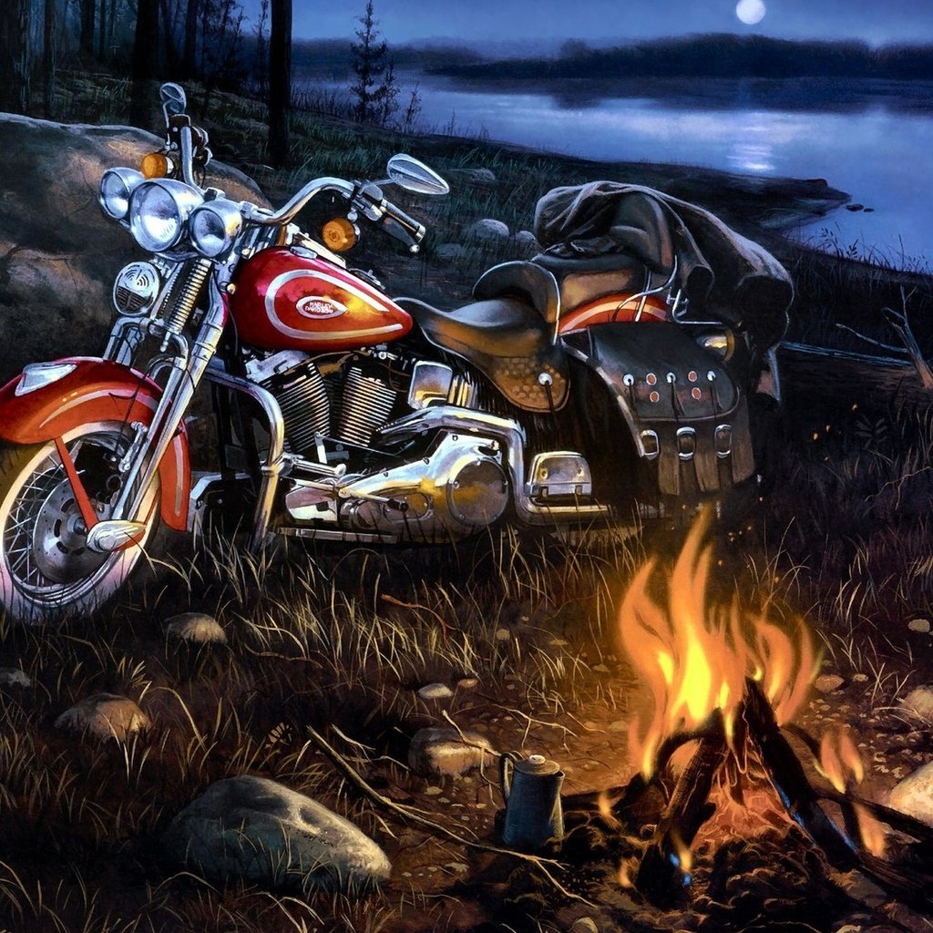 Обои арт, река, пейзаж, мотоцикл, костёр, harley-davidson, art, river, landscape, motorcycle, the fire разрешение 1920x1200 Загрузить