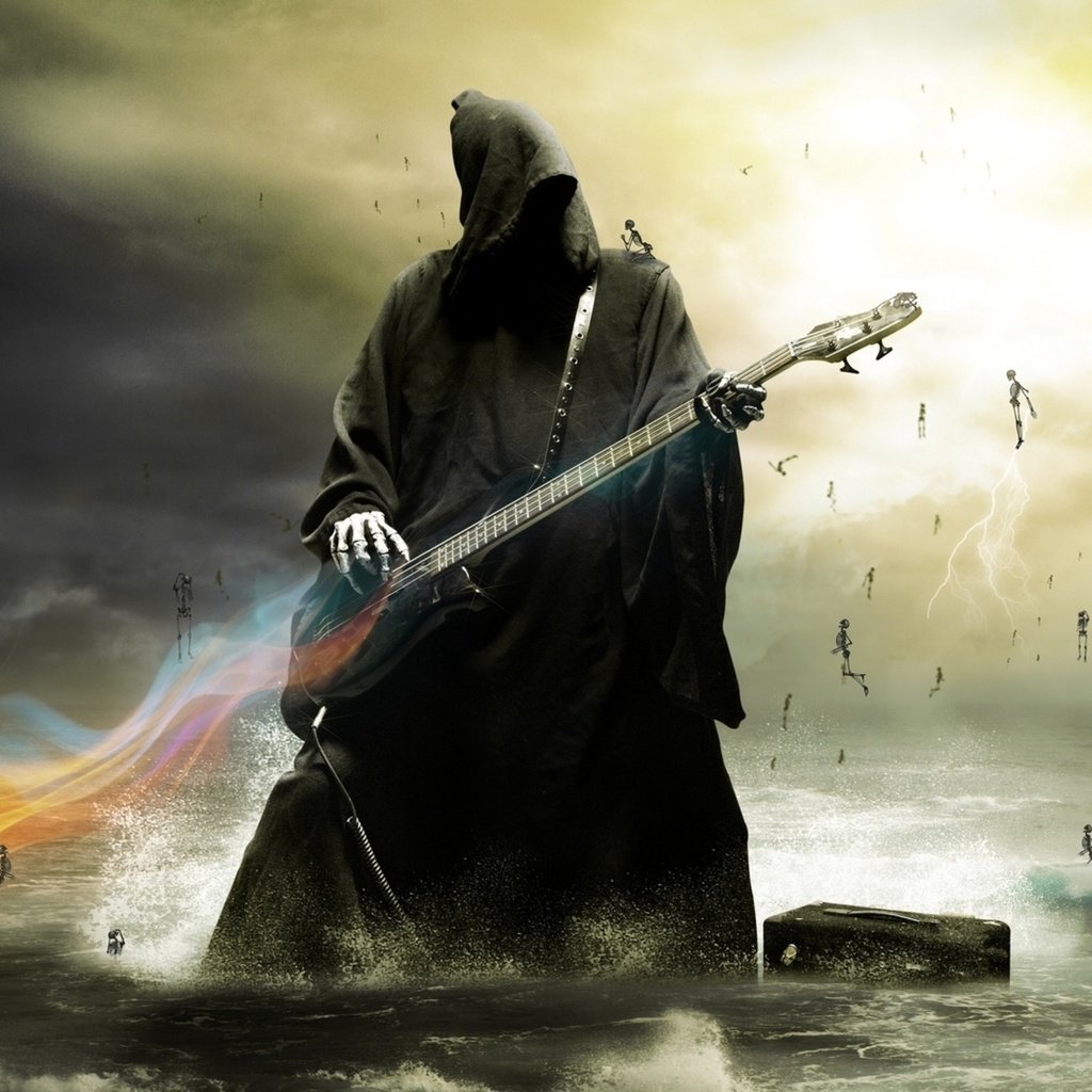 Обои смерть играет на электрогитаре., death plays the guitar. разрешение 2560x1600 Загрузить