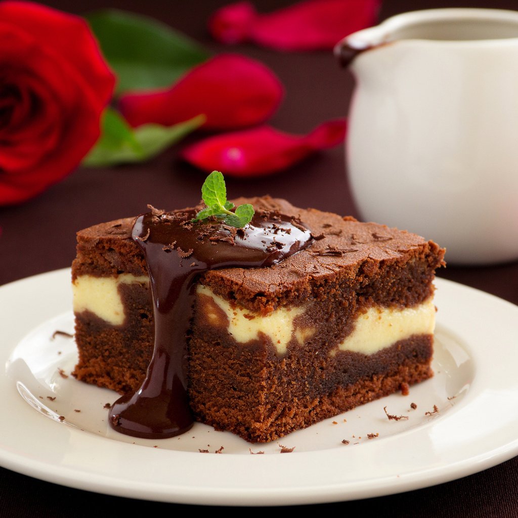 Обои розы, шоколад, сладкое, торт, пирожное, кусочек, roses, chocolate, sweet, cake, piece разрешение 2000x1333 Загрузить