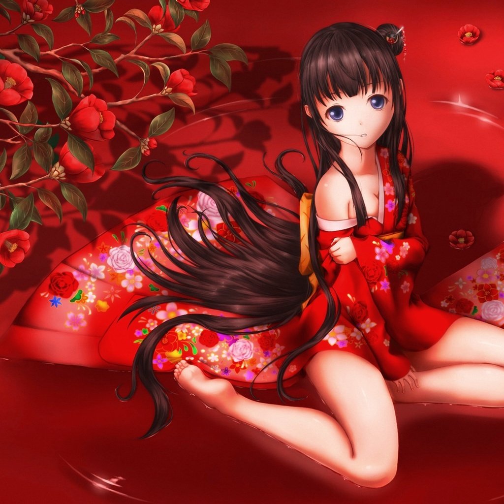 Обои цветы, арт, ветка, девушка, кимоно, красный фон, сидя, tsuchiryuu, tsuchinoe tatsu, flowers, art, branch, girl, kimono, red background, sitting разрешение 1920x1356 Загрузить