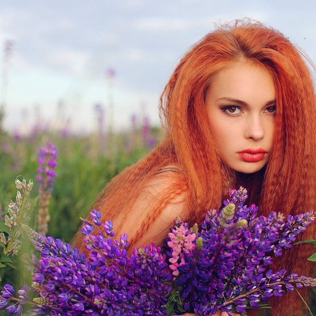 Обои цветы, девушка, рыжая, волосы, губы, люпин, flowers, girl, red, hair, lips, lupin разрешение 2000x1227 Загрузить