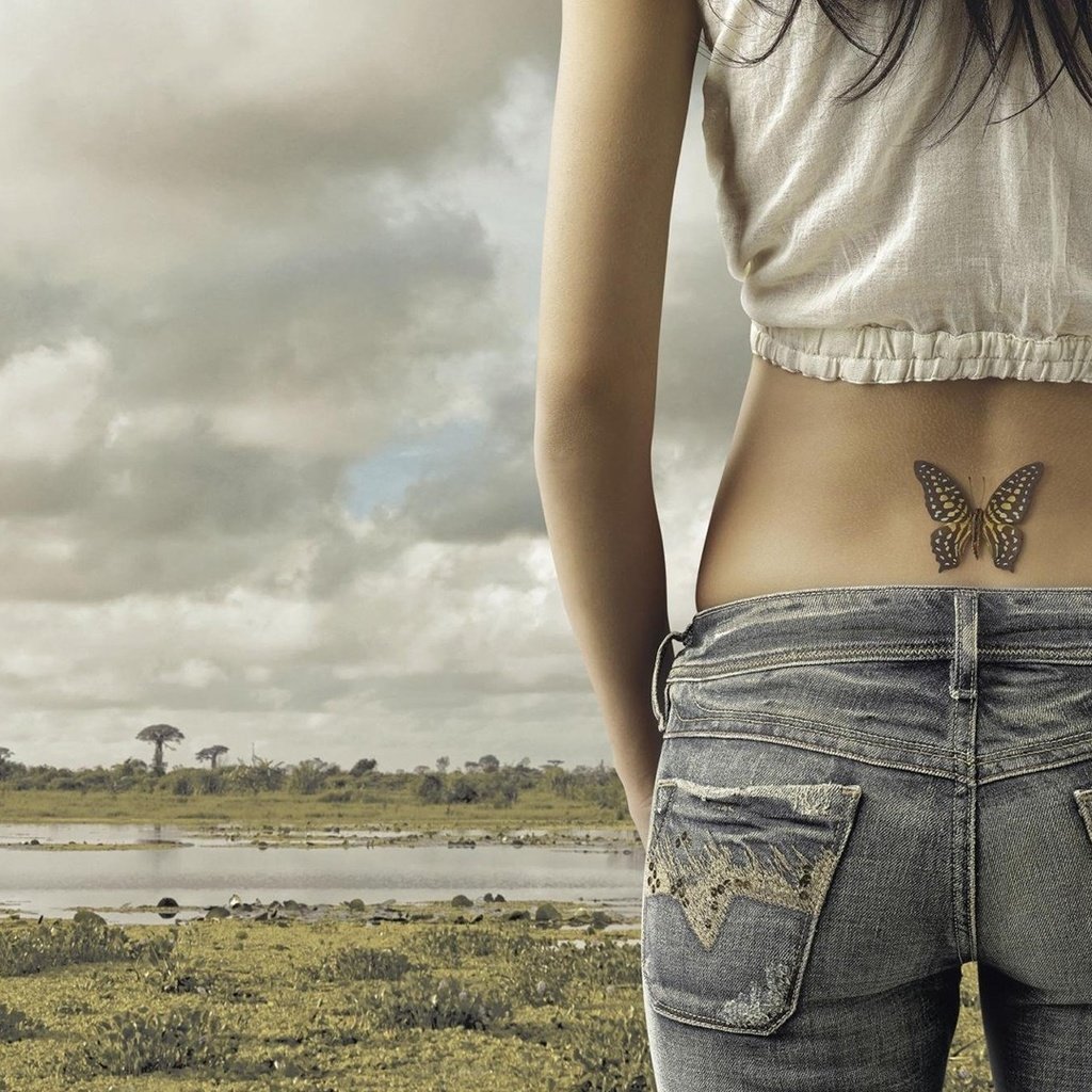 Обои девушка, бабочка, джинсы, спина, татуировка, girl, butterfly, jeans, back, tattoo разрешение 1920x1080 Загрузить