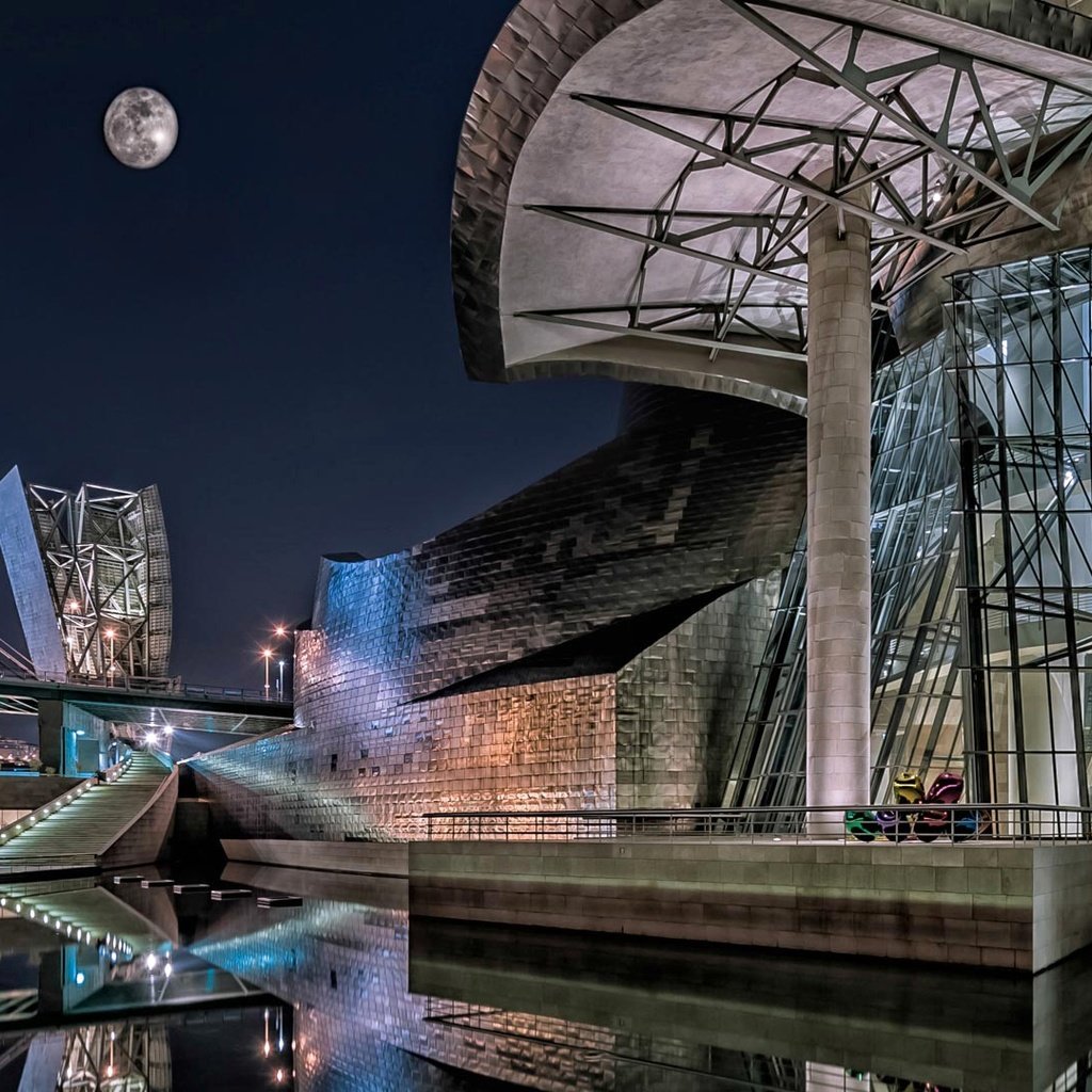 Обои ночь, луна, испания, музей гуггенхейма, бильбао, night, the moon, spain, the guggenheim museum, bilbao разрешение 1920x1080 Загрузить