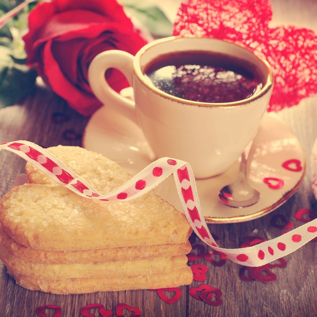 Обои кофе, ленточка, сердечки, печенье, день святого валентина, coffee, ribbon, hearts, cookies, valentine's day разрешение 3872x2592 Загрузить