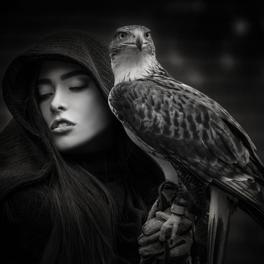 Обои девушка, портрет, чёрно-белое, модель, птица, лицо, joachim bergauer, girl, portrait, black and white, model, bird, face разрешение 2000x1554 Загрузить