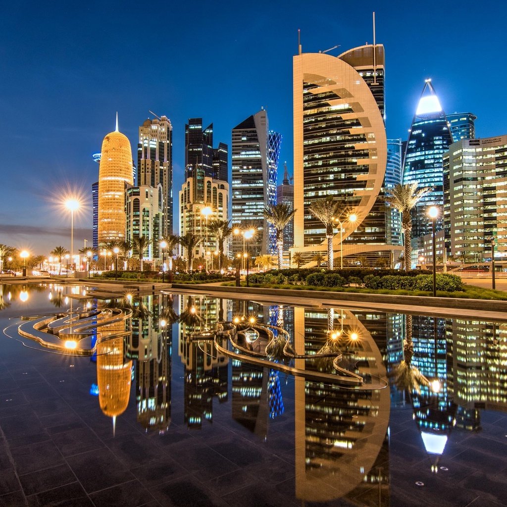 Обои отражение, небоскребы, ночной город, здания, катар, доха, sheraton park, reflection, skyscrapers, night city, building, qatar, doha разрешение 2754x1751 Загрузить