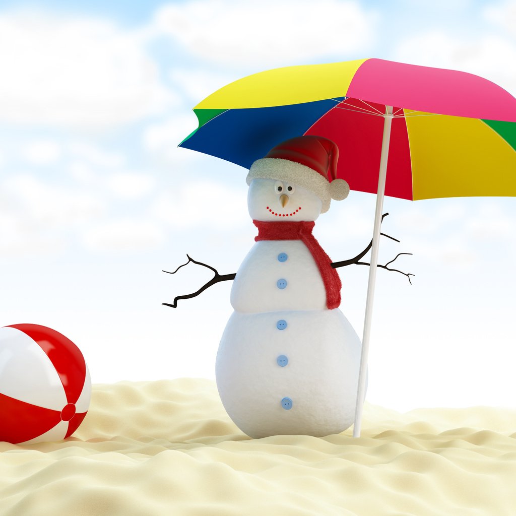 Обои новый год, пляж, снеговик, зонтик, рождество, мяч, new year, beach, snowman, umbrella, christmas, the ball разрешение 5142x3402 Загрузить