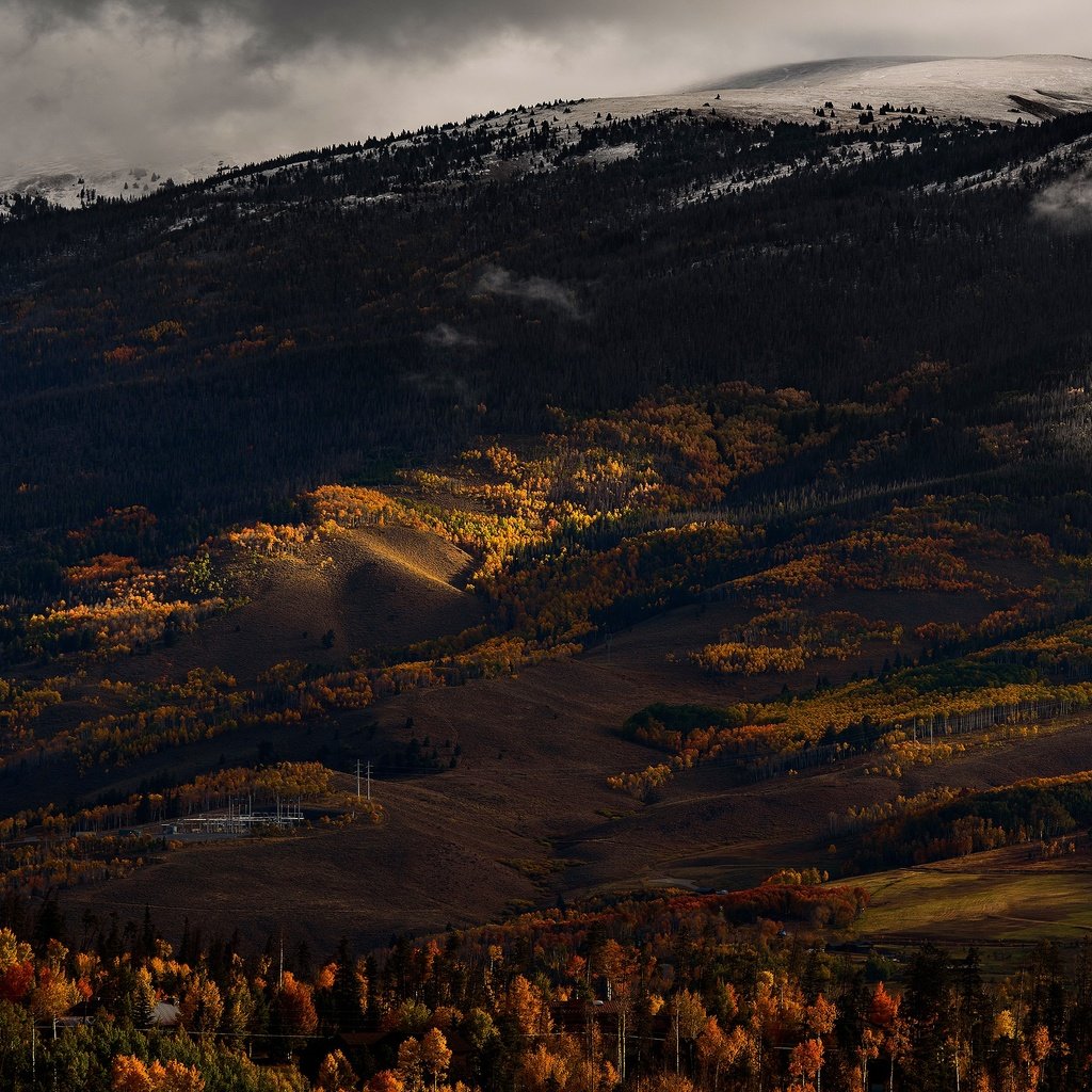 Обои горы, лес, осень, темный фон, mountains, forest, autumn, the dark background разрешение 3840x2160 Загрузить