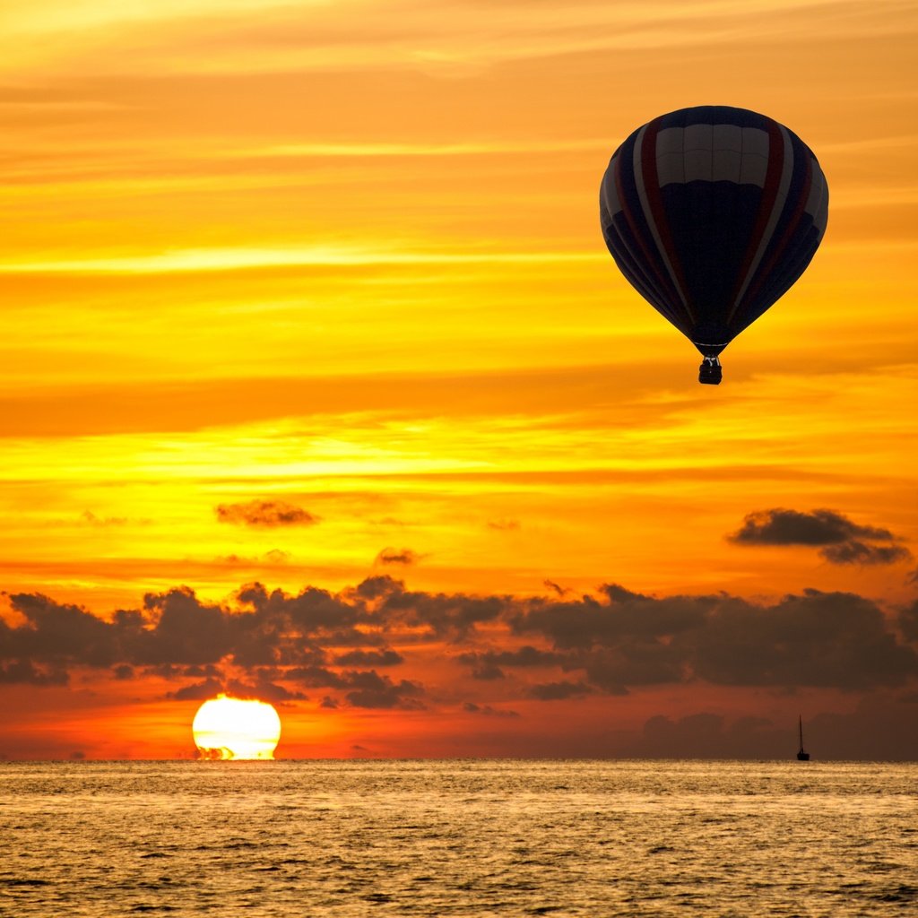Обои солнце, закат, море, воздушный шар, the sun, sunset, sea, balloon разрешение 5120x2880 Загрузить