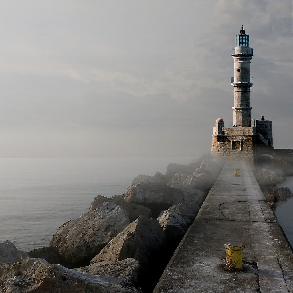 Обои камни, море, туман, маяк, пирс, гавань, stones, sea, fog, lighthouse, pierce, harbour разрешение 3202x1792 Загрузить