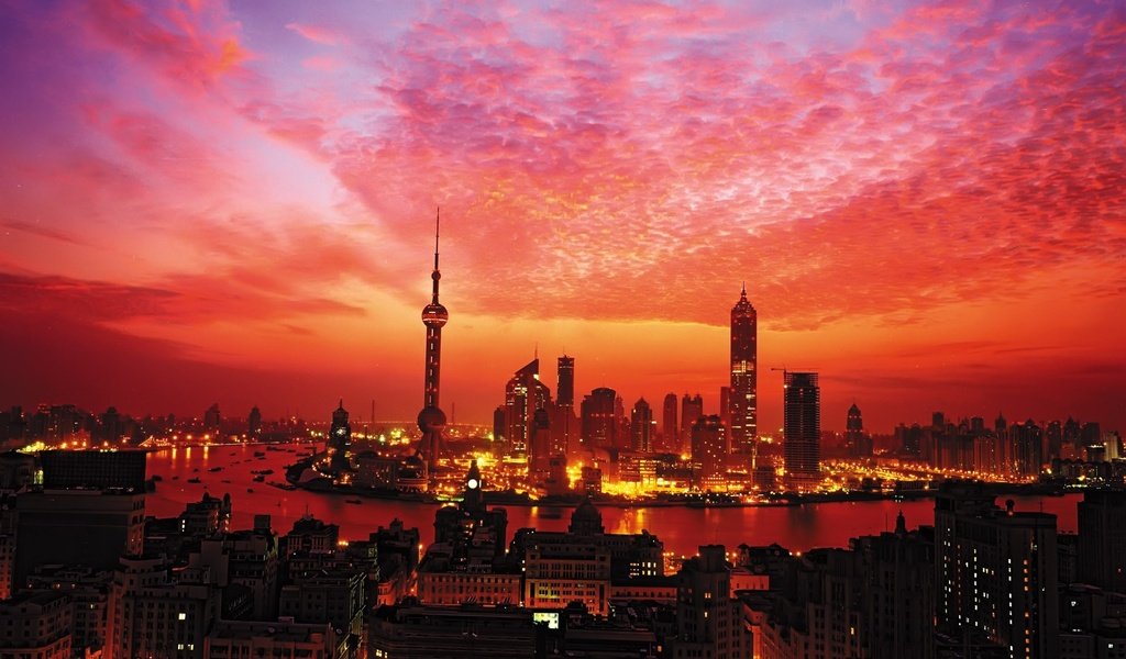 Обои огни, закат, небоскребы, шанхай, башня, lights, sunset, skyscrapers, shanghai, tower разрешение 1920x1200 Загрузить