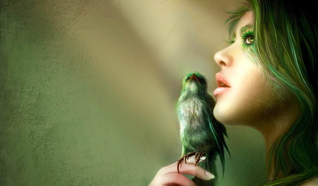 Обои птица, волосы, губы, лицо, nell fallcard - green wisper, bird, hair, lips, face разрешение 1920x1200 Загрузить