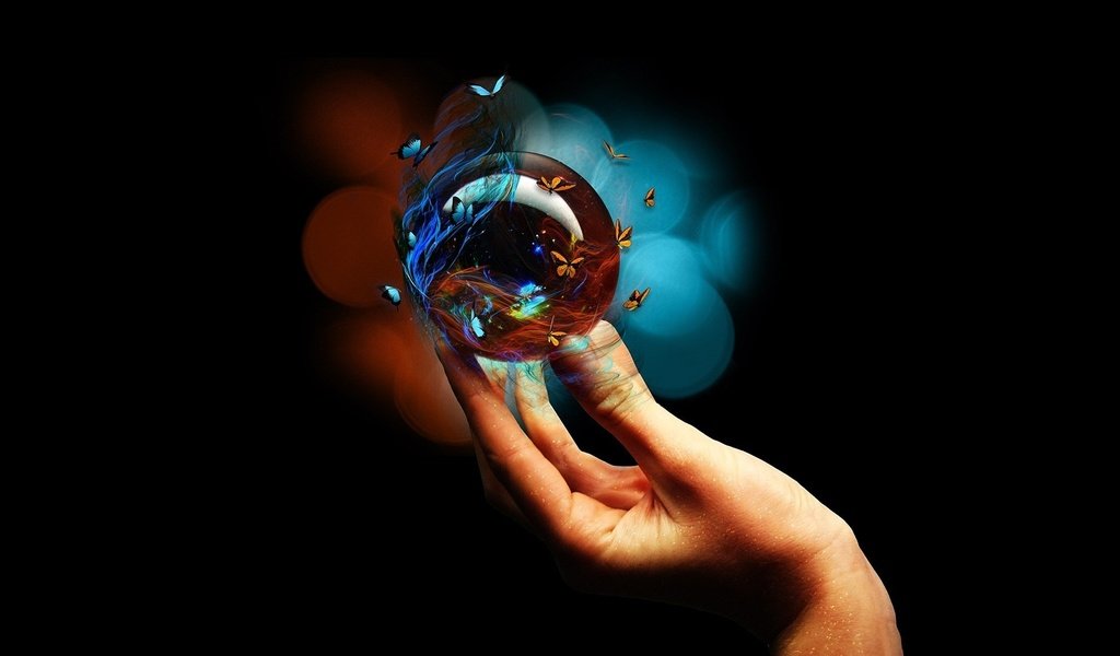 Обои рука, черный фон, бабочки, пальцы, стеклянный шар, hand, black background, butterfly, fingers, glass globe разрешение 1920x1200 Загрузить