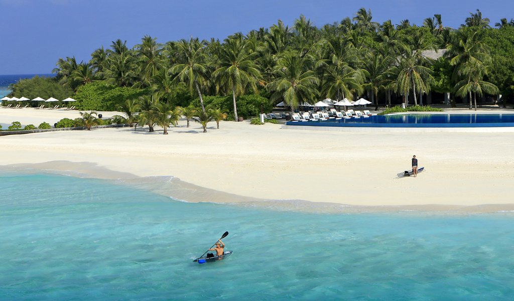 Обои пляж, пальмы, тропики, мальдивы, beach, palm trees, tropics, the maldives разрешение 5760x3840 Загрузить