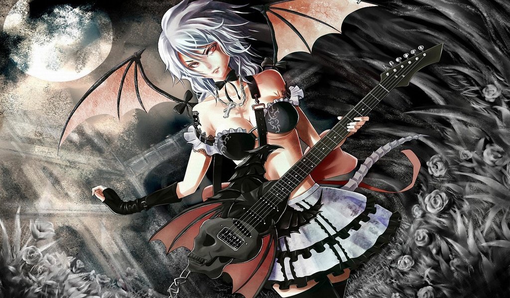 Обои гитара, крылья, аниме, демон, kartinka, syuzhet, yepizod, personazh, серые волосы, guitar, wings, anime, the demon разрешение 1920x1280 Загрузить