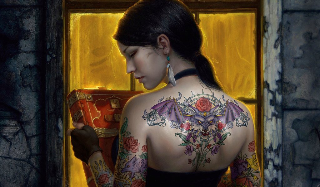 Обои арт, девушка, спина, окно, татуировка, книга, цветная, art, girl, back, window, tattoo, book, color разрешение 1920x1200 Загрузить