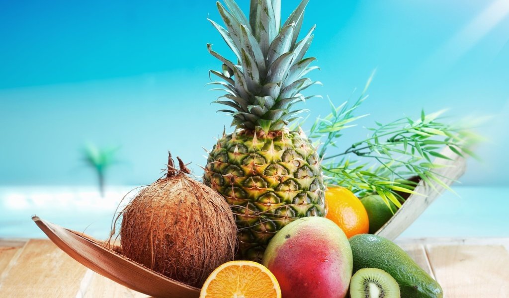 Обои апельсин, киви, кокос, ананас, orange, kiwi, coconut, pineapple разрешение 2560x1600 Загрузить