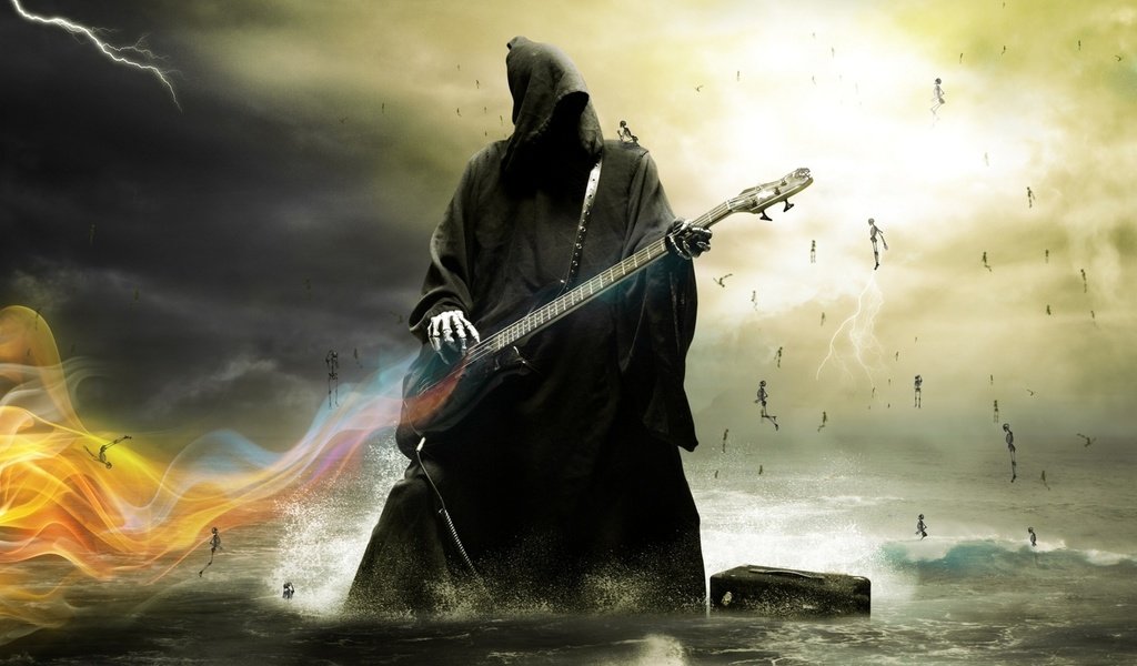 Обои смерть играет на электрогитаре., death plays the guitar. разрешение 2560x1600 Загрузить