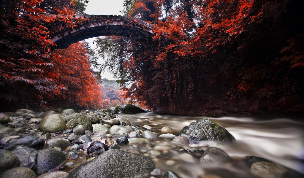 Обои река, природа, камни, мост, осень, river, nature, stones, bridge, autumn разрешение 2048x1365 Загрузить