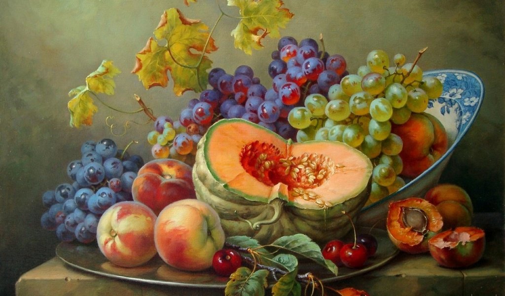 Обои картина, натюрморт, виноград, абрикосы, фрукты, gabor toth, ягоды, вишня, овощи, персики, тыква, picture, still life, grapes, apricots, fruit, berries, cherry, vegetables, peaches, pumpkin разрешение 1920x1200 Загрузить