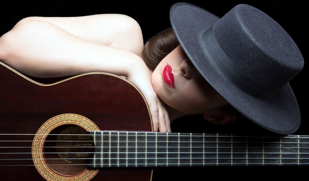 Обои девушка, гитара, шляпа, girl, guitar, hat разрешение 1920x1080 Загрузить