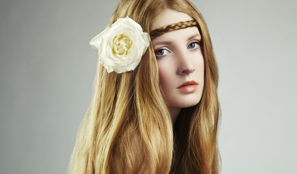 Обои девушка, цветок, взгляд, лицо, длинные волосы, косичка, белая роза, girl, flower, look, face, long hair, pigtail, white rose разрешение 6988x4537 Загрузить