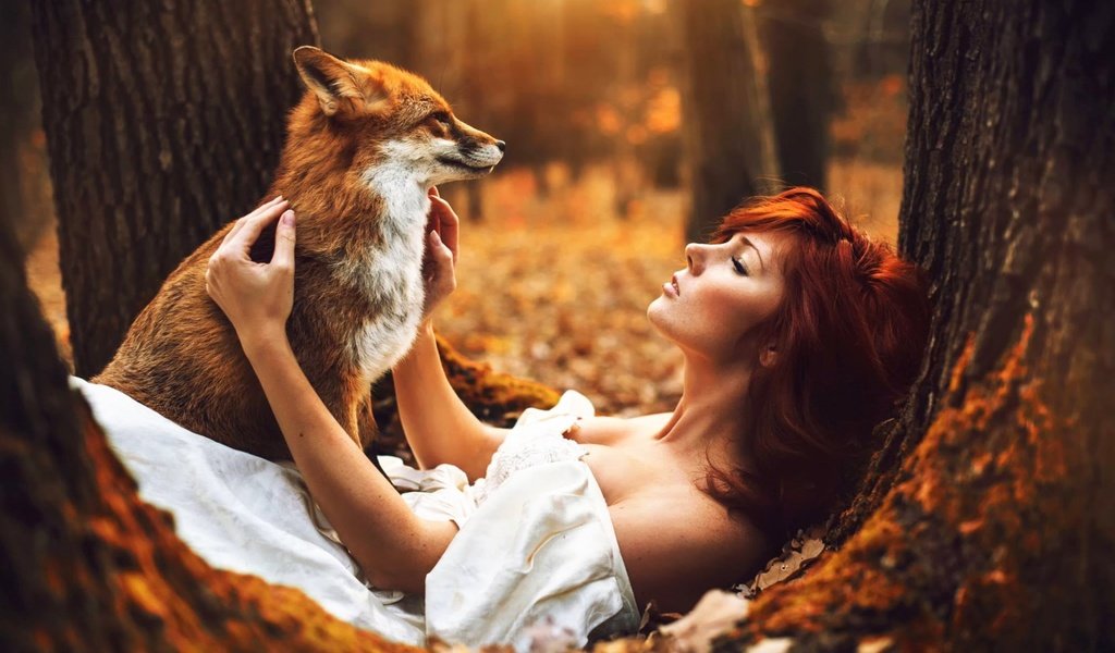 Обои лес, животные, осень, девушки, лиса, рыжеволосая, forest, animals, autumn, girls, fox, redhead разрешение 1920x1200 Загрузить