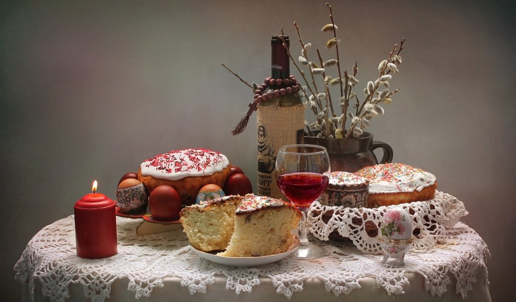 Обои вино, свеча, пасха, яйца, верба, кулич, крашенки, wine, candle, easter, eggs, verba, cake разрешение 1920x1251 Загрузить