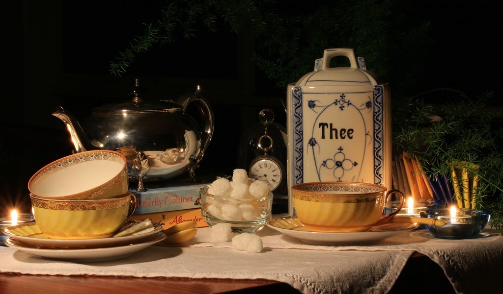 Обои чашка, чай, свеча, чайник, сахар, натюрморт, cup, tea, candle, kettle, sugar, still life разрешение 2048x1365 Загрузить