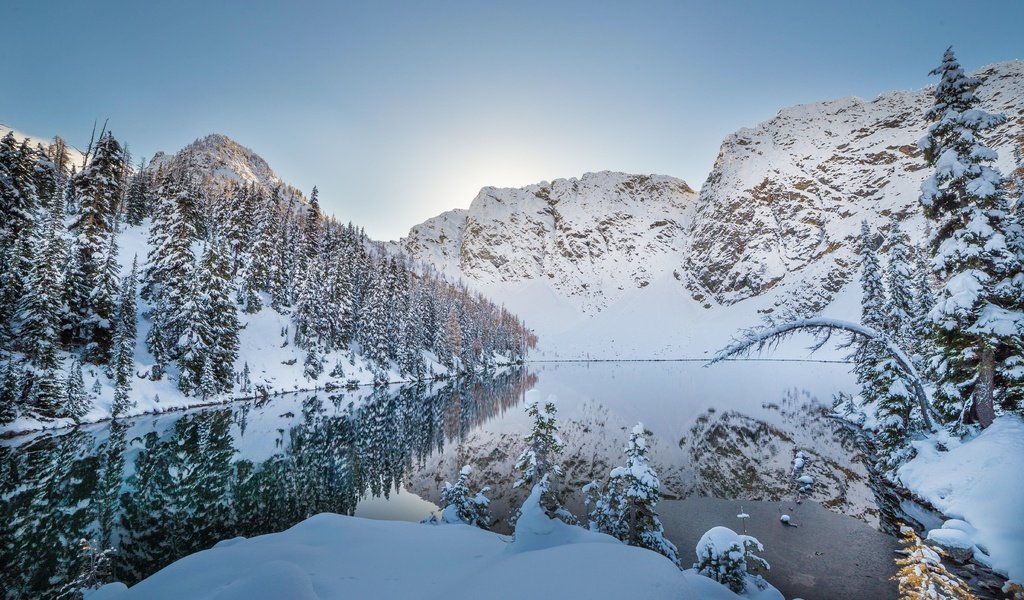 Обои озеро, горы, снег, природа, зима, отражение,     деревья, lake, mountains, snow, nature, winter, reflection, trees разрешение 5472x3648 Загрузить