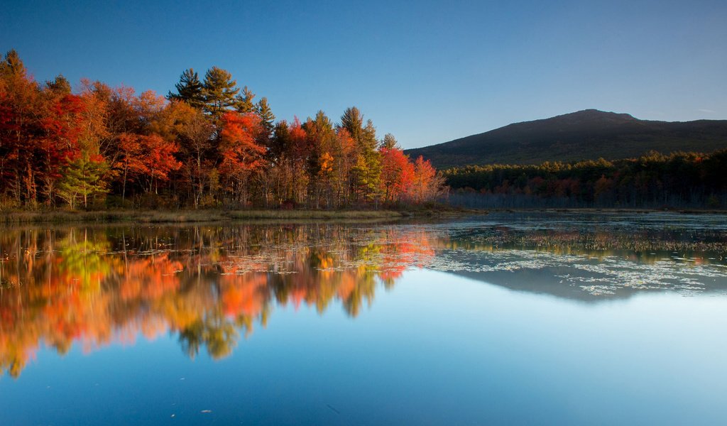 Обои небо, деревья, озеро, горы, природа, отражение, осень, the sky, trees, lake, mountains, nature, reflection, autumn разрешение 1920x1200 Загрузить