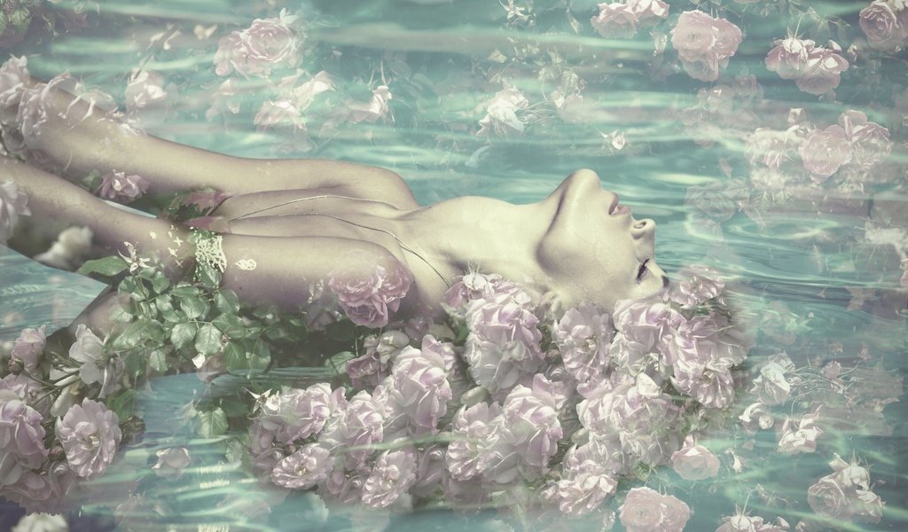 Обои цветы, вода, девушка, розы, закрытые глаза, flowers, water, girl, roses, closed eyes разрешение 1920x1200 Загрузить