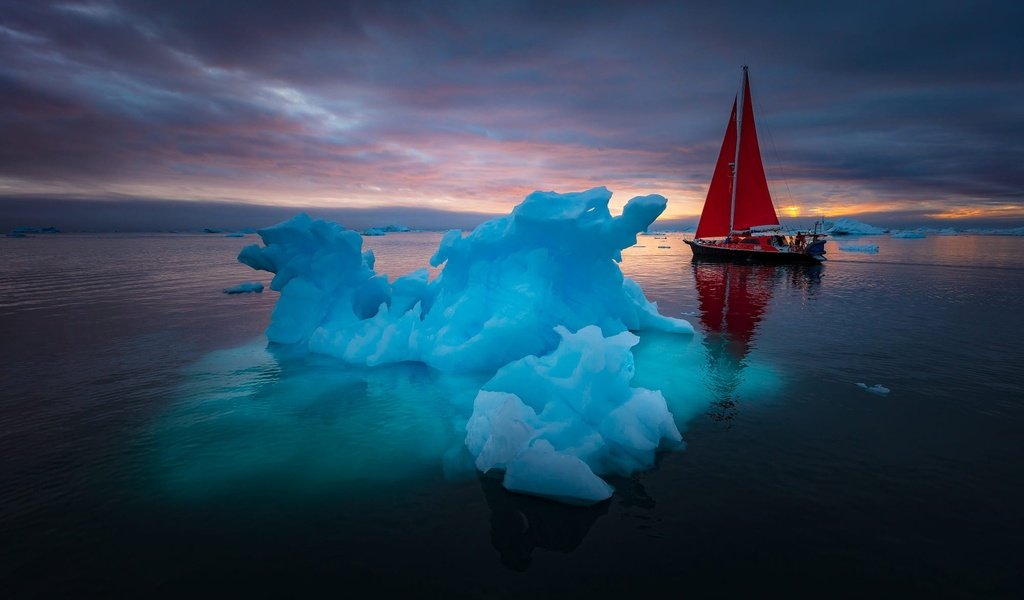 Обои гренландия, закат, отражение, пейзаж, парусник, лодка, океан, льды, паруса, greenland, sunset, reflection, landscape, sailboat, boat, the ocean, ice, sails разрешение 2000x1333 Загрузить