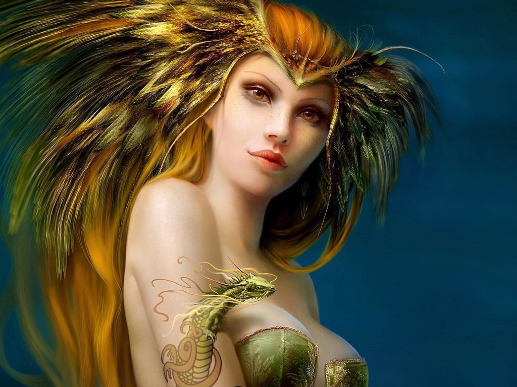 Обои дракон, фэнтези, девушки, тату, волосы, перья, benita winckler - io, dragon, fantasy, girls, tattoo, hair, feathers разрешение 1920x1080 Загрузить