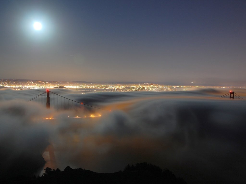 Обои ночь, туман, мост, город, луна, night, fog, bridge, the city, the moon разрешение 3008x2000 Загрузить