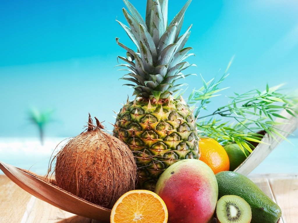 Обои апельсин, киви, кокос, ананас, orange, kiwi, coconut, pineapple разрешение 2560x1600 Загрузить