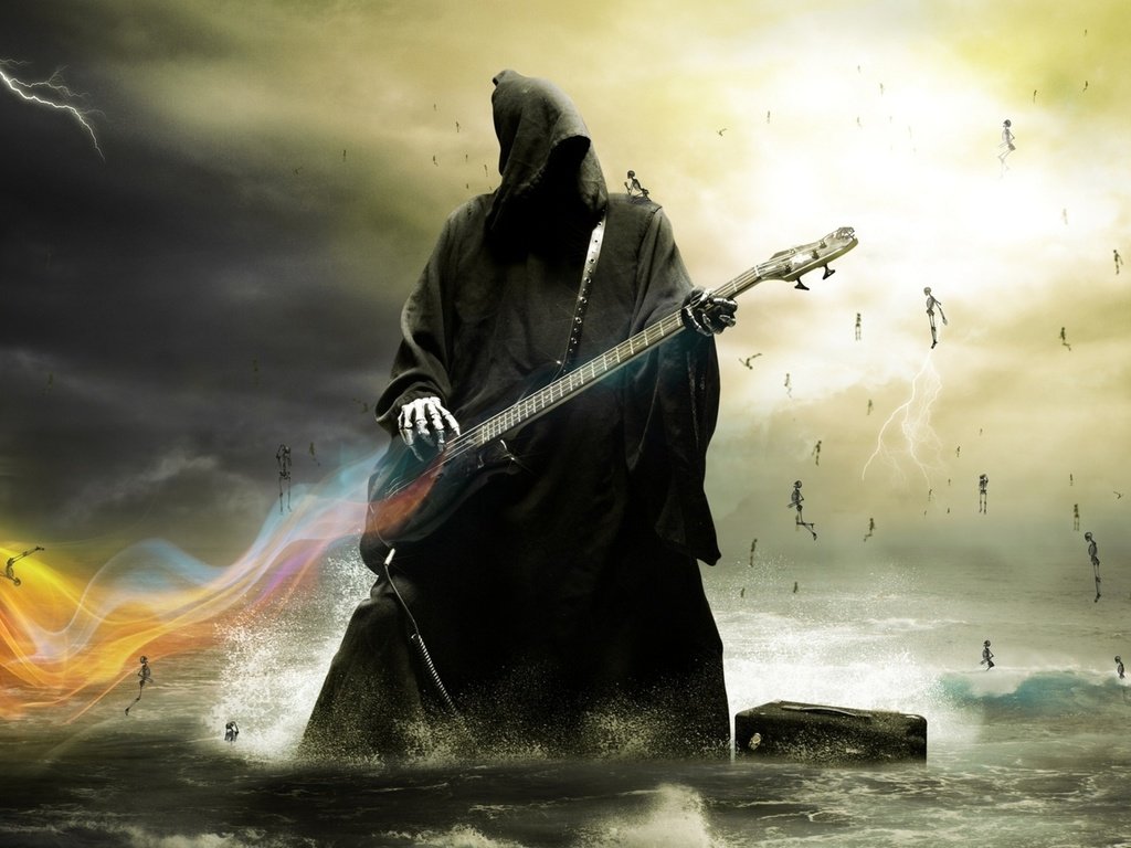 Обои смерть играет на электрогитаре., death plays the guitar. разрешение 2560x1600 Загрузить