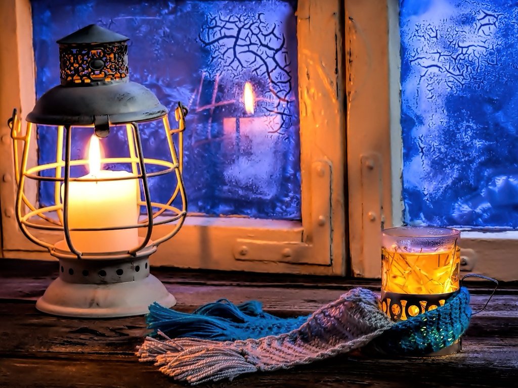 Обои свет, ночь, зима, мороз, фонарь, окно, чашка, light, night, winter, frost, lantern, window, cup разрешение 1920x1080 Загрузить