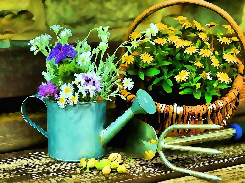 Обои цветы, корзина, натюрморт, лейка, flowers, basket, still life, lake разрешение 3002x2096 Загрузить